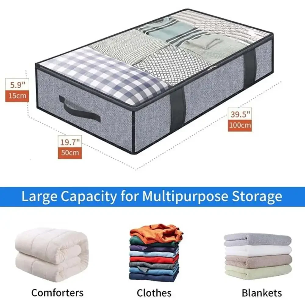 New 2 Pack Foldable Underbed Storage Bags, Zippered Clothes Organizer - Grey